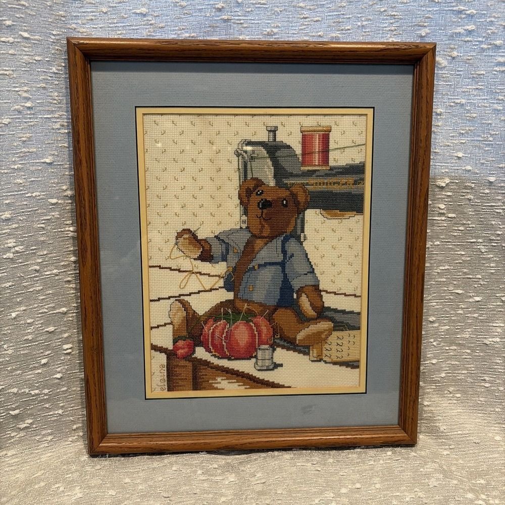 Vintage 1984 Janlynn Charmin Cross Stitch Kit Sewing Bear WoodenFramed Completed